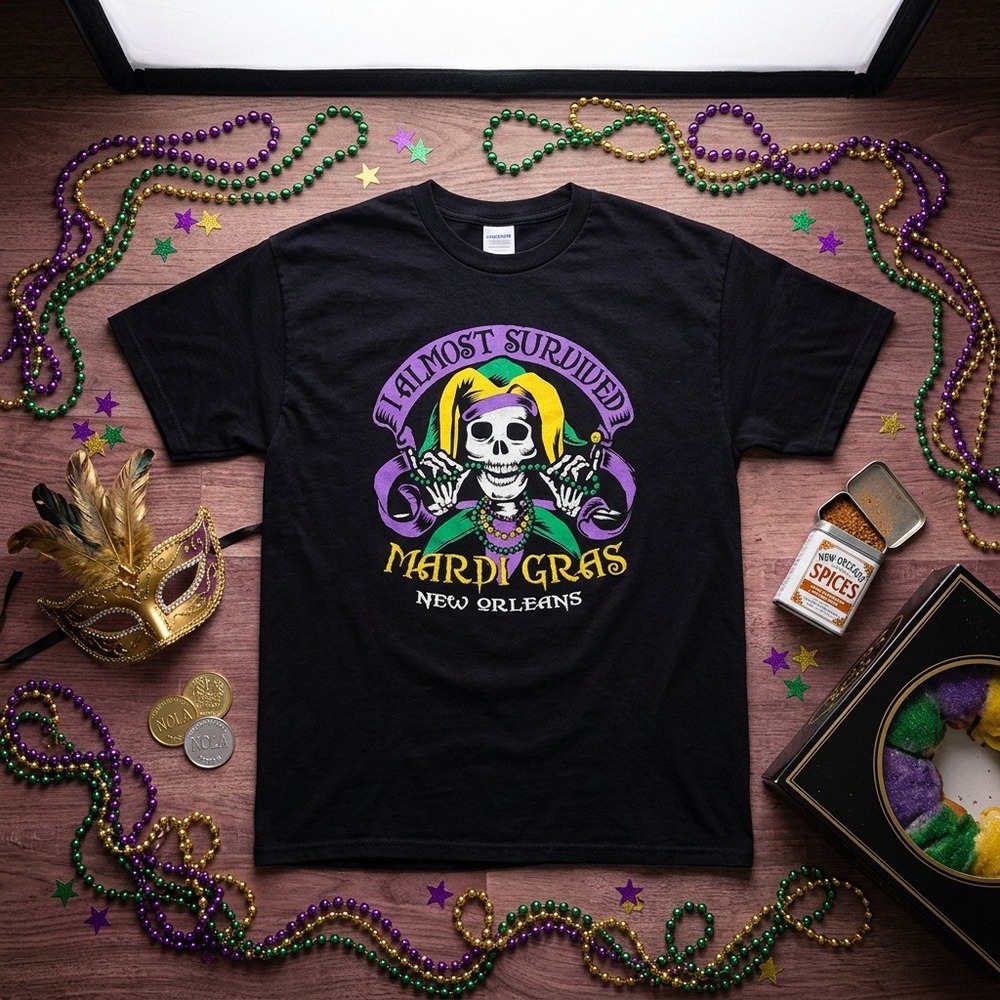 Hanes Heavyweight "I Almost Survived Mardi Gras" Skeleton Tee Black Adult XL